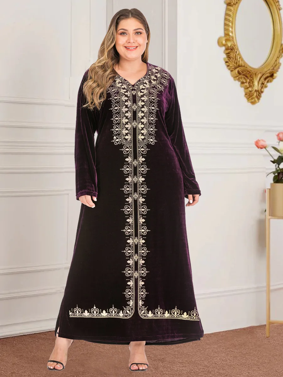 Abaya Women Kaftan Women Muslim Velvet V-neck Maxi Dress Plus Size Cocktail Robe Autumn Long Sleeve Gown Middle East Dress New