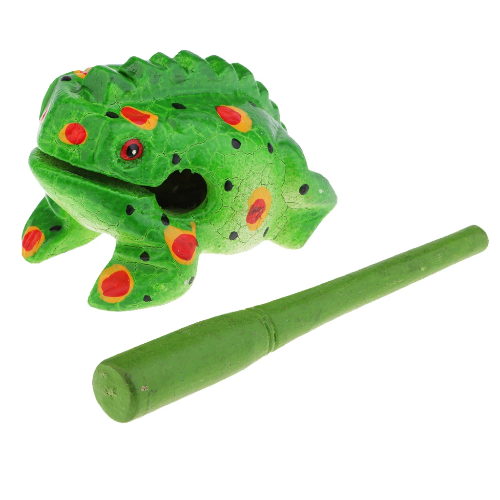 Traditional Craft Wood Luck Frog Home Office Decoration Kids Musical Toys -Green