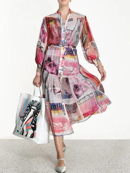 

Big-brand chiffon 3D printing single-breasted belt women's big swing dress 2020New ladies autumn fashion pleated dress Bing XL