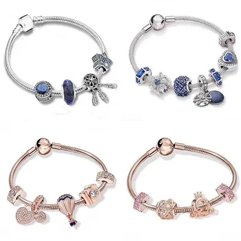 

100% 925 Sterling Silver Fashion Catch The Shadow Blue Snowflake Beaded Bracelet For Women Wedding Party Gift Fashion Jewelry