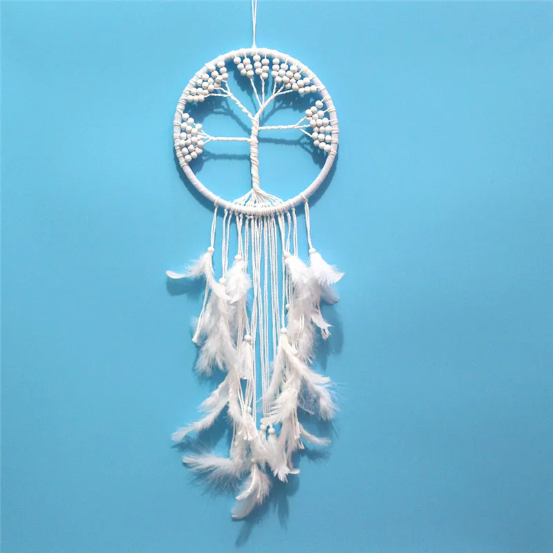 

Tree of Life Handmade Dream Catcher with White Feathers Wall Hanging Pendant Bedroom Gift Wedding Decor Chic Bead Dreamcatcher