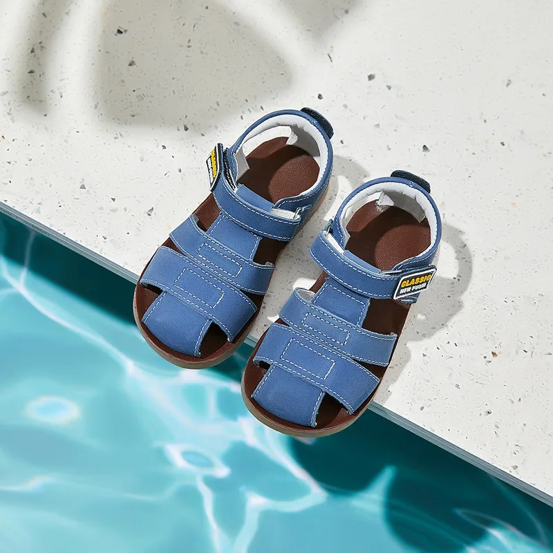 Children frosted genuine leather beach sandals boys barefoot non-slip sandals with cowhide lining baby soft Navy blue