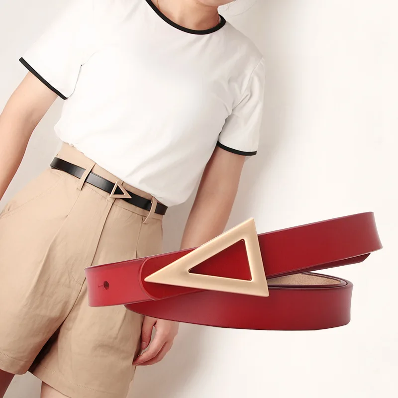 

New Women Genuine Leather Thin Belt Fashion Metal Triangle Buckle Waist Strap High Quality Ladies Jeans Dress Decoration Belts
