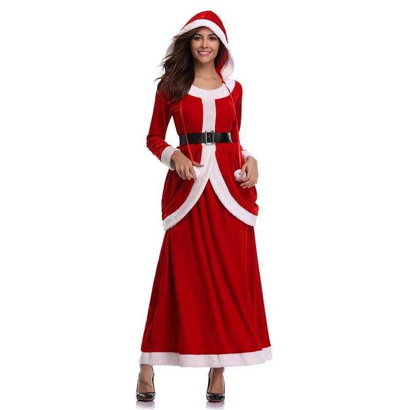 Женская рождественская маскарадная Одежда Костюм Санта Клауса платья Санта-Клауса с капюшоном Топ с длинным рукавом, набор размера плюс M-XL женское платье