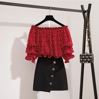 

Slash Neck Top Summer Korea Print Chiffon Blouse Mini Bodycon Black Skirt Female Two Piece Sweet Suit Dress