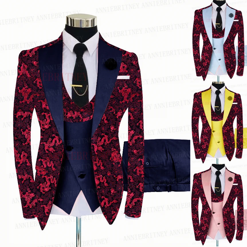 Red Floral Jacquard Wedding Suit For Men 3 Pieces Tailored Shiny Blazer Masculino Slim Fit Tuxedo Set Conjuntos De Chaqueta