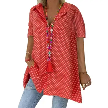 

Plus Size Casual Women Polka Dot V Neck Long Sleeve Lapel Tunic Blouse Shirt Top