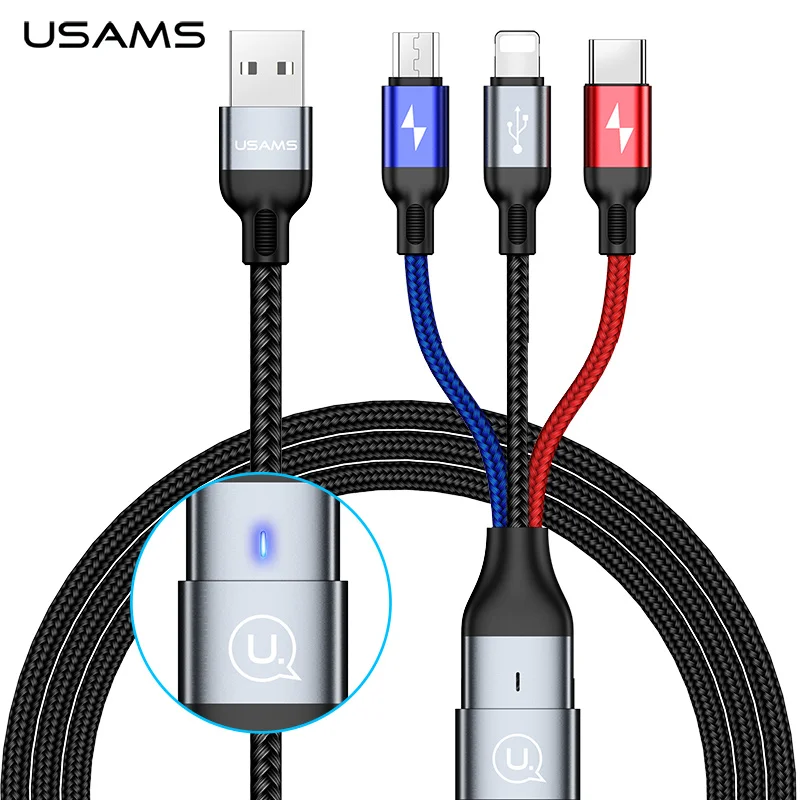USAMS USB кабель OTG для iPhone 8, 7, 6X3 в 1, зарядное устройство, кабель Micro USB type C для huawei, samsung S9, S8, USB C, синхронизация