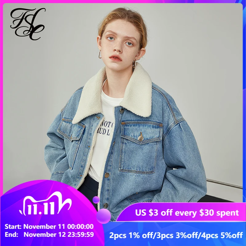 FANSILANEN Women Lamb Wool Thickened Denim Jacket Loose Korea Style Winter Short Plus Velvet Jacket Polo Collar Cotton Clothes