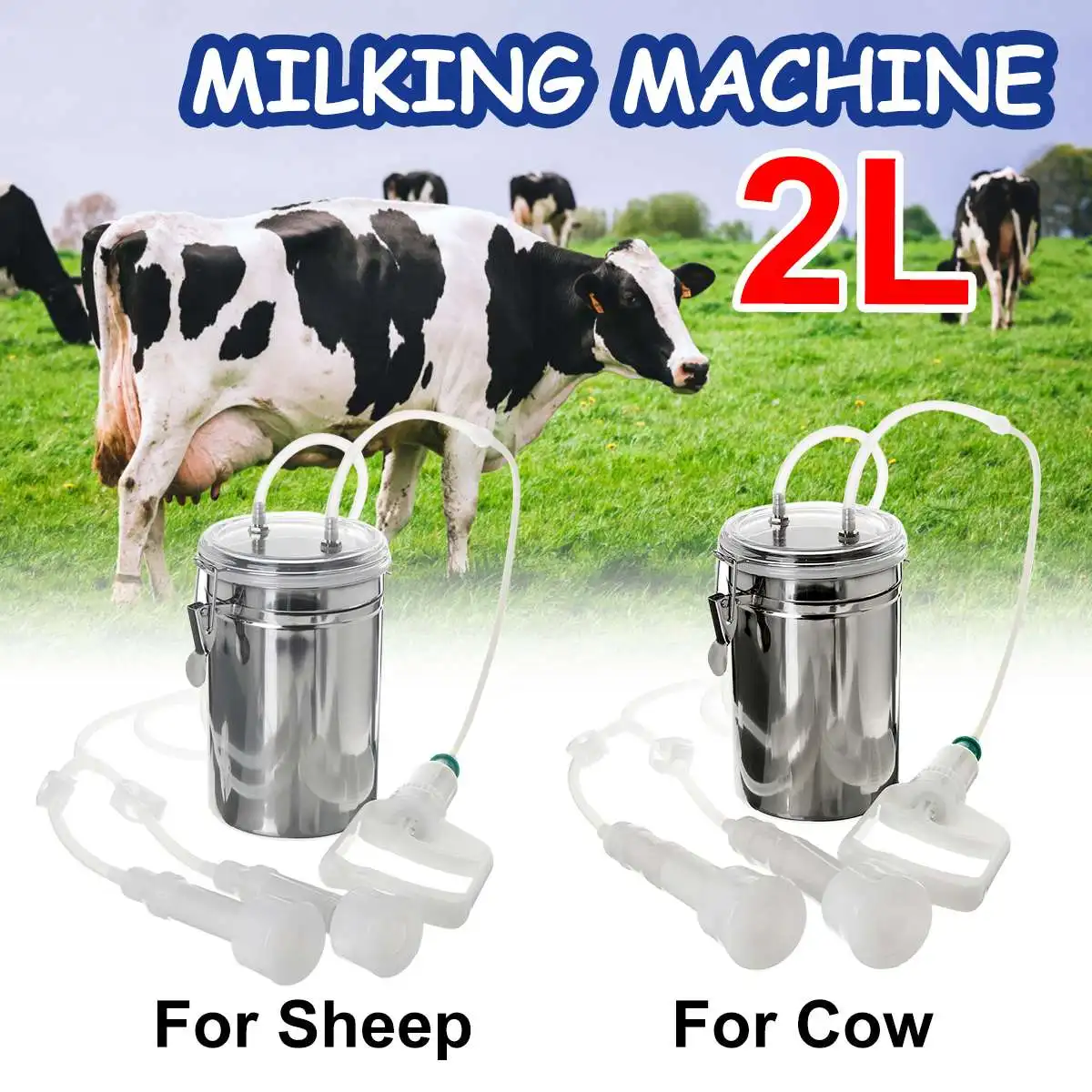 2L Barrel Milking Farm Cows Sheep Goat Milker Vacuum Pump Bucket Tank Portable 