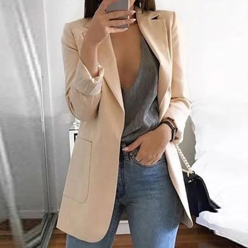 Ladies Solid Long Sleeve arrival Lapel Notched Slim Cardigan Outdoor Blazer Women Casual OL Blazers Coat