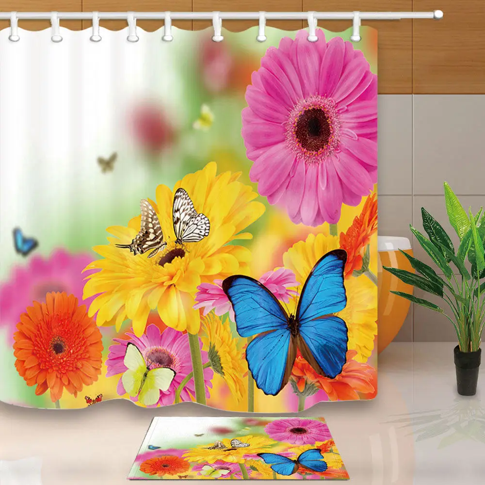 

Flowers Butterflies Painting Shower Curtains for Bathroom Art Design Home Decor Waterproof Mildew Proof Bath Curtains With Hooks