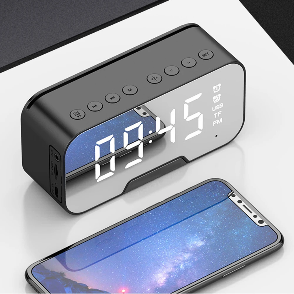 

Multifunction Mirror Alarm Clock Bluetooth Speaker With Radio LED Mirror Snooze Wireless Subwoofer Music Player Table Clock