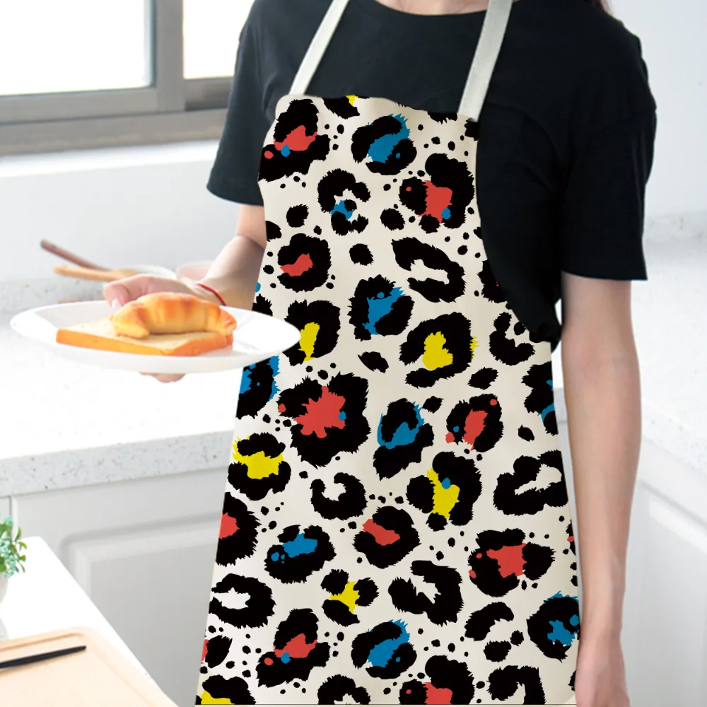 Kitchen Aprons for Women Men Women Leopard Cotton Linen Apron Pinafore Cleaning Tools Home Cooking Baking Waist Bib
