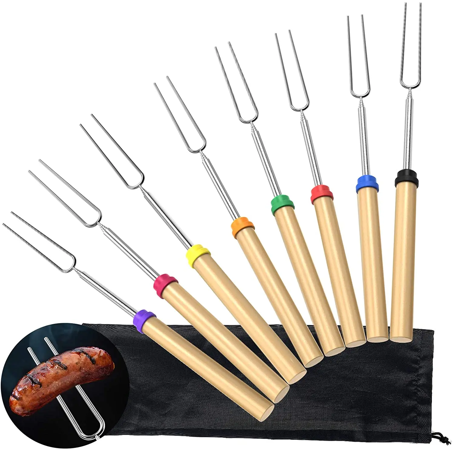 32 inch AlexBasic 8 Pcs Roasting Sticks Extendable Roasting Sticks BBQ Sausage Forks with Wooden Handle for Campfire Firepit BBQ 