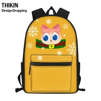 

THIKIN Yellow Teenager Girls School Bag Cute Christmas Cat Pattern Women Capacity Backpacks with Front Pocket Custom Mochila