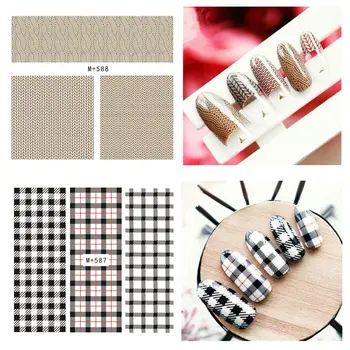 

2 Sheets Stripes Checks Pattern Nail Stickers Japan Style Nail Art Water Decals Nail Transfer Paper in Package