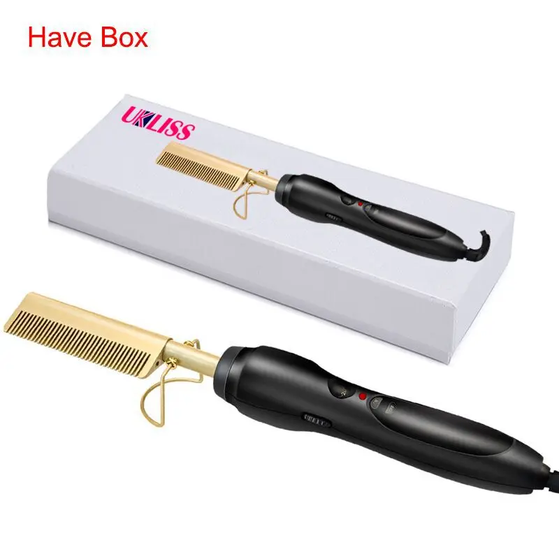 black gold with box Beard Straightener Hot Comb Electric Environmentally Friendly Gold Titanium Alloy Straight Hair Comb Salon Perm Tool Iron Comb - Цвет: black gold with box