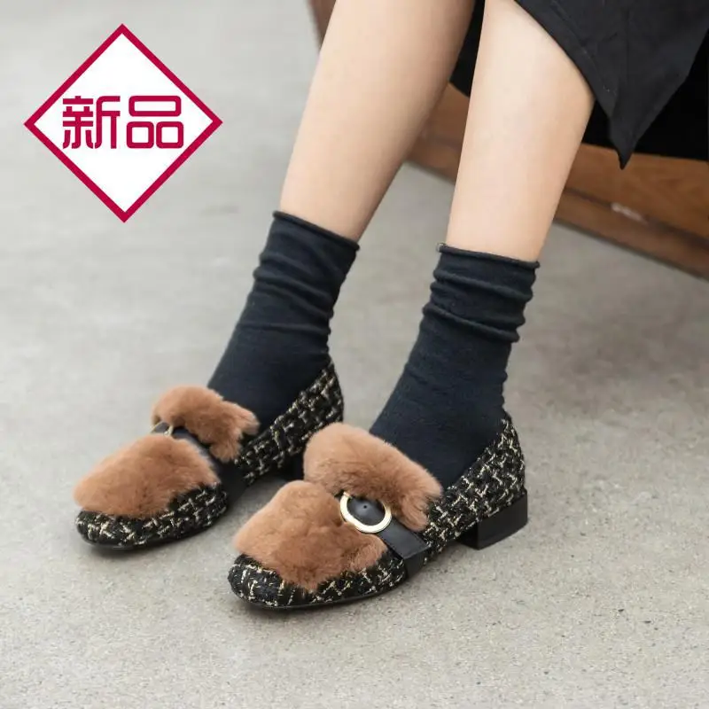 

2020 Spring New Style Low Heel Shoes Women's Rabbit Fur Square Head Korean-style Loafers Slip-on Loafers