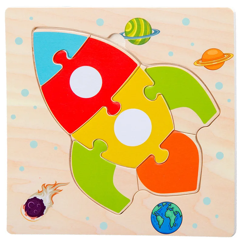 Деревянный Детский мультфильм животных трафика трехмерной головоломки детские развивающие силу головоломки игрушки для детей 1-2-3 лет - Цвет: Rocket
