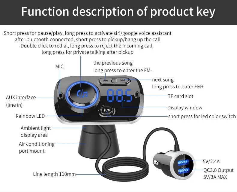 Автоаксессуары Автомобильный Bluetooth fm-передатчик Громкая связь динамик телефон QC3.0 Быстрая зарядка fm-передатчик окружающий свет mp3-плеер