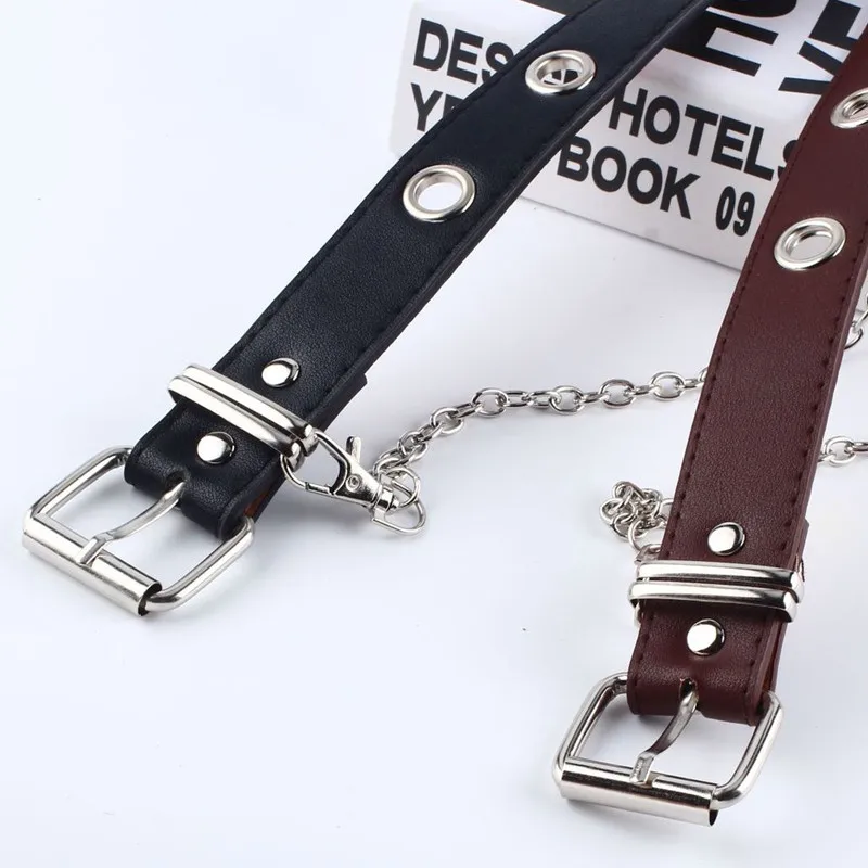 Fashion Women Fashion Rock Punk Chain Fashion Belt Adjustable Black Double/Single Eyelet Grommet Leather Buckle Belt