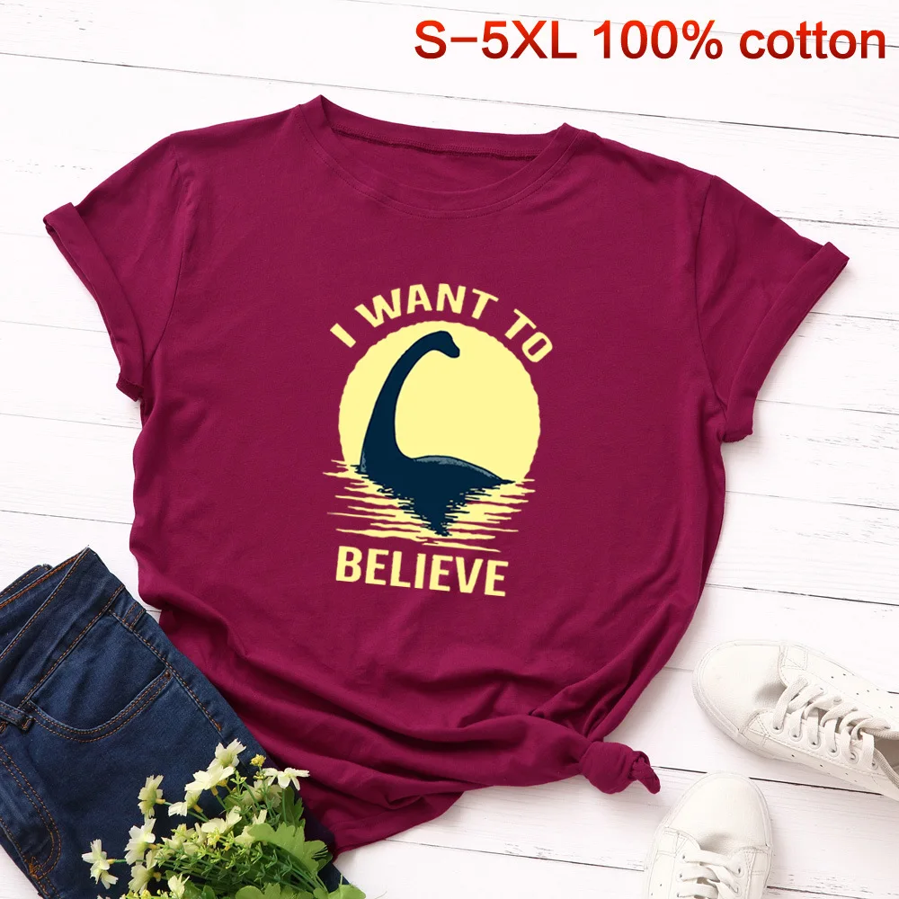 Plus Size Women Tshirts Cute Loch Ness Monster Print T Shirt Cotton Short Sleeve Basic Tees Summer T-Shirts Harajuku Casual Tops | Женская