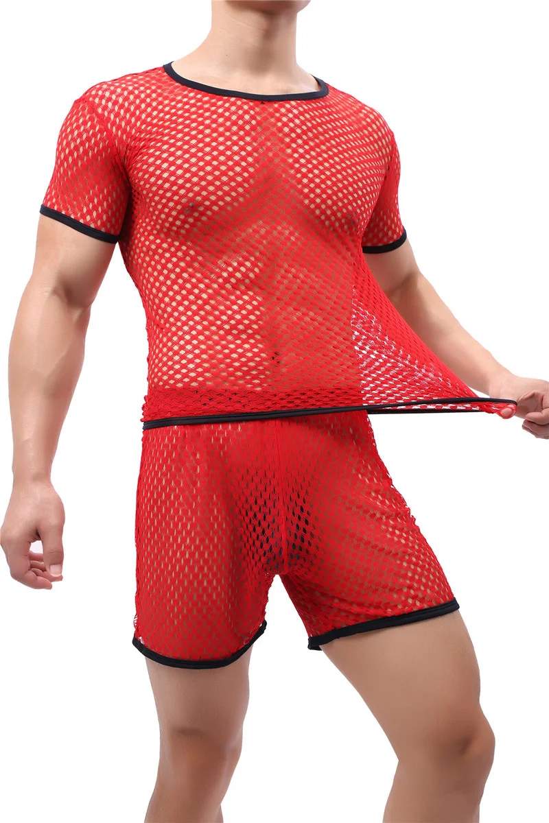 Sexy Mens Undershirts Mesh Short Sleeve See Through T Shirts Loose Short Pajama Pants Sport Fitness Men Clothes Set Underwear