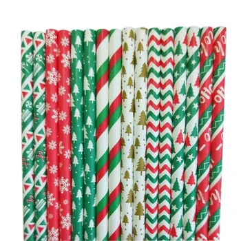 

25pcs Christmas Paper Straws Snowflake Xmas Tree Paper Drinking Straw Merry Christmas Table Decorations for Home Xmas Party Deco