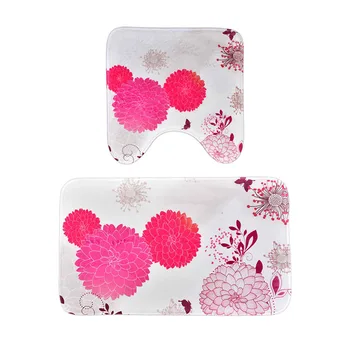 

Set Of Cartoon Soft Bath Mat U-Shaped & Rectangle Floral Pattern Polyester Absorbent Anti-Slip Toilet Rug For Home (2PCS)