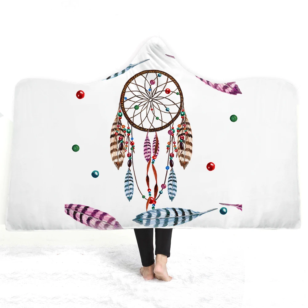 Watercolored Parrot Dreamcatcher Feather Print Microfiber Warm Thick Blanket for Teens Wearable Hooded Throw Blanket 150x200cm
