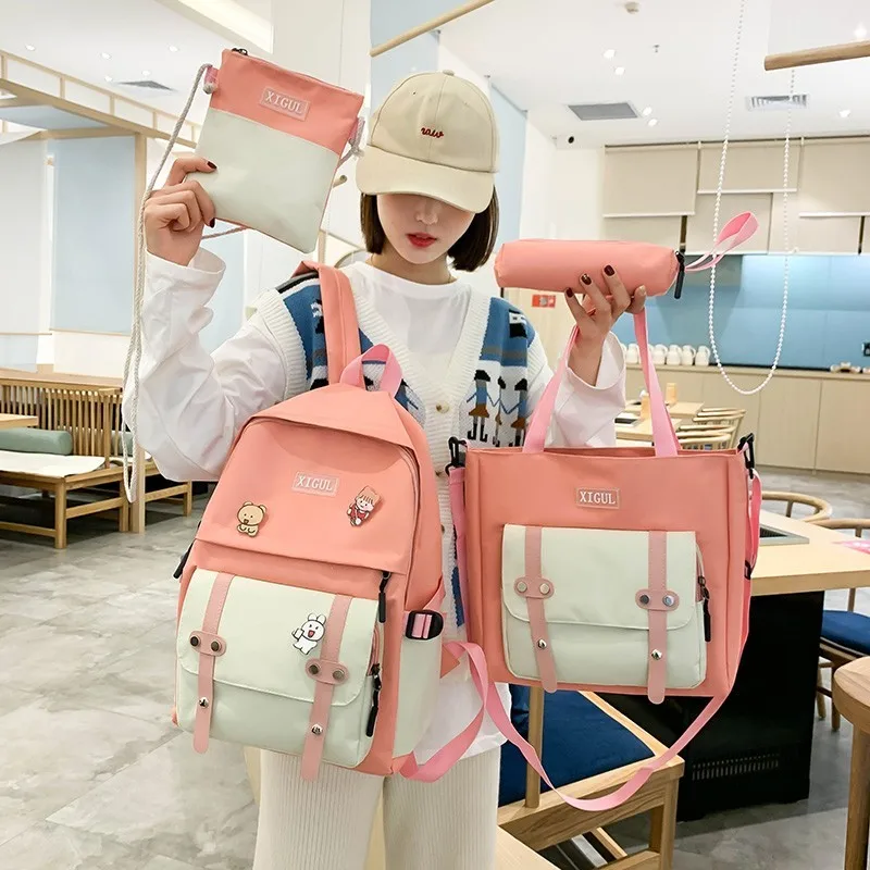 School-Bags Book Girls Backpack Canvas Teenage College Women Fashion Student for 4pcs-Sets