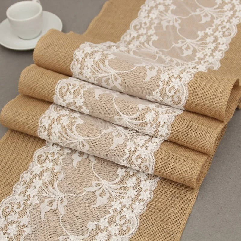 

30*275cm Burlap Table Runner with Lace Rustic Natural Jute Hessian Table Cloth Farmhouse Style for Christmas Wedding Party Decor