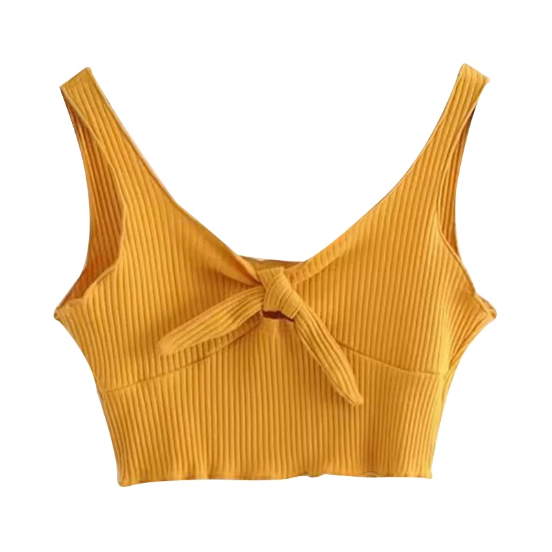 Yellow Женская летняя повседневная майка с резьбой и узлом на груди JS26 - Цвет: Yellow
