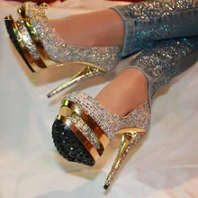 Роскошные туфли-лодочки на высоком тонком каблуке с золотыми вырезами и на платформе блестящие туфли с круглым носком для выпускного вечера женские вечерние туфли ручной работы, Blingbling FSJ