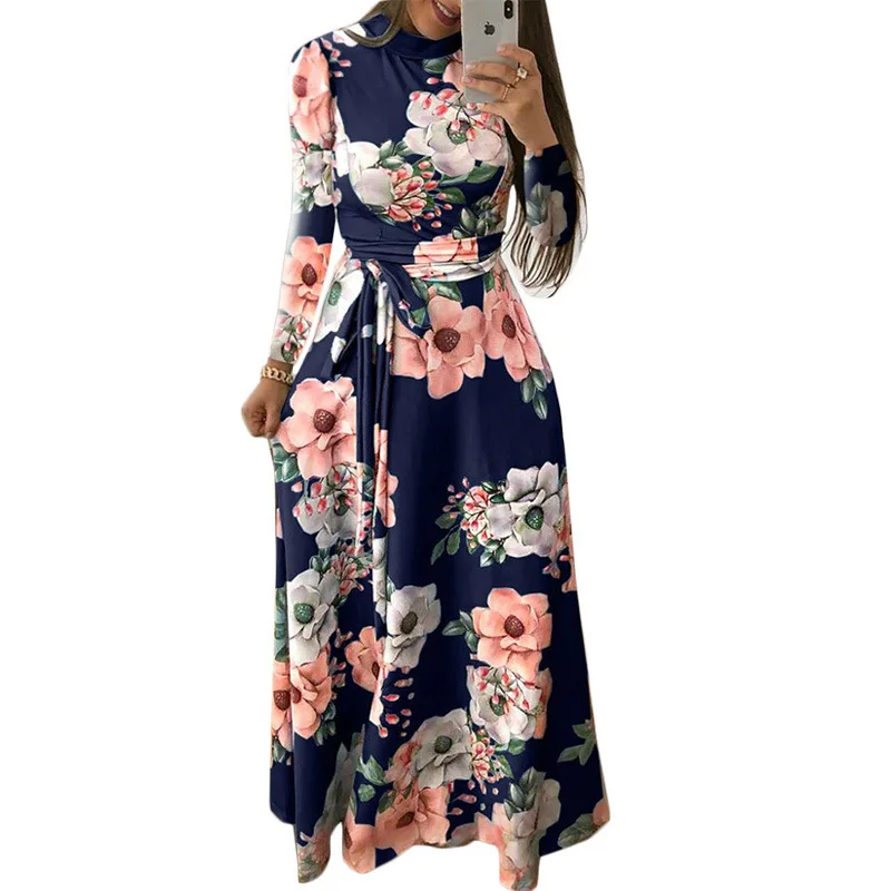 Women Summer Dress 2020 Casual Short Sleeve Long Dress Boho Floral Print Maxi Dress Turtleneck Bandage Elegant Dresses Vestido