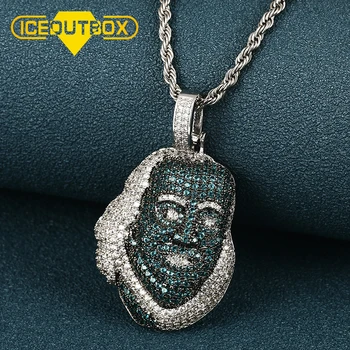 

ICEOUTBOX Blue Face Benjamin Head Pendant Full Of Crystal Iced Out Bling Women Men's Hip Hop Jewelry Rapper Street Culture