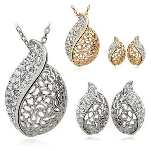 Fashion Lover Rhinestone Hollow Leaf Pendant Necklace Earrings Jewelry Set | Украшения и аксессуары