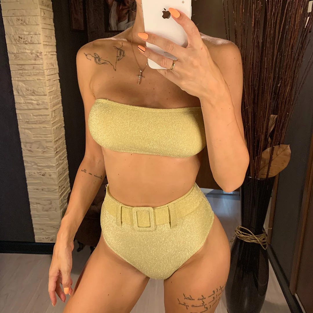 Bandeau Shiny High Waist Bikini Belt Female Swimsuit Women Swimwear Two-pieces Bikini set Strapless Bather Bathing Suit V2408