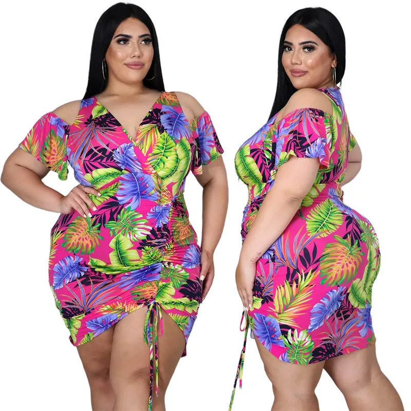 Plus Size Dresses for Women Summer 2021 Wholesale  V Neck Print Casual Draped Bandage Elegant Holiday Mini Dress Dropshipping