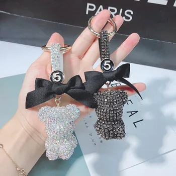

Cartoon Full Sitting Posture Bear Cub Keychain Creative Bow Key Ring Female Bag Hanging Gift Key Ring Rhinestone Keychain
