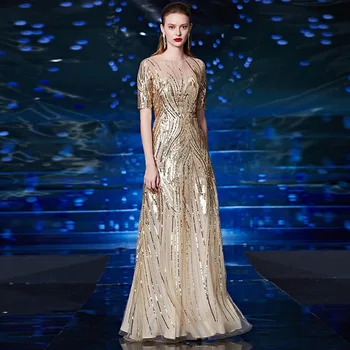 

Holievery Gold Sequined Tulle Evening Dresses with Half Sleeves 2020 Long Party Gowns Elegant