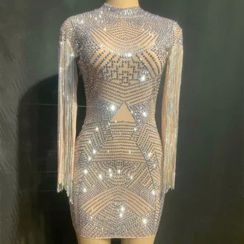 

Dance Costume Rhinestone Perspective Dress Evening Celebrate Outfit Singer Prom Party Performance Dresses Nightclub DJ Wear