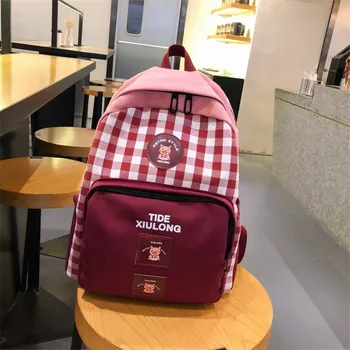 

England Style Backpack 100% Cotton Grid School Bag for Teenage Girls Cute Cartoon Fresh Book Bag Pink Leisure Or Travel Bag