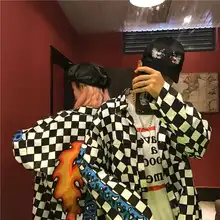 Хип-хоп рубашка в клетку Мужская Ulzzang Харадзюку стиль Шахматная огненная негабаритная Корейская мужская Осенняя рубашка с принтом в клетку хиппи унисекс
