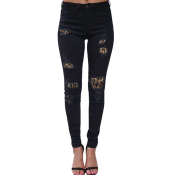 

YOCALOR Leopard Print Women Skinny Black Jeans Holes Elastic High Waist Mom Femme Woman Denim Bodycon Streetwear 70% Cotton
