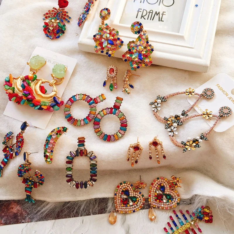 

Ztech Popular Mixed color series Big Crystal Hanging Earrings Fruit Statement Earrings Korean Fashion Jewelry Boho Bijoux 2019