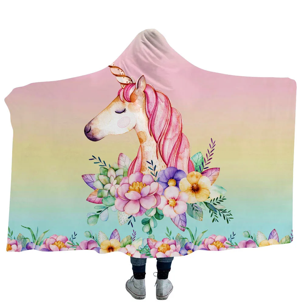 Unicorn Hooded Blanket For Adults Childs Cartoon 3D Printed Sherpa Fleece Blanket Microfiber Wearable Throw Blanket For Home Bed - Color: color9