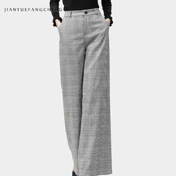 

2019 Autumn New Pantalon Women Gray Plaid Pants High Waist Straight Long Wide Leg Pants Loose Plus Size Office Ladies Trousers