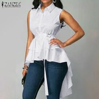 

2020 Summer Work Blouse ZANZEA Fashion Belted High Low Shirts Women Casual Solid Sleeveless Asymmetrical Tunic Tops Female Blusa